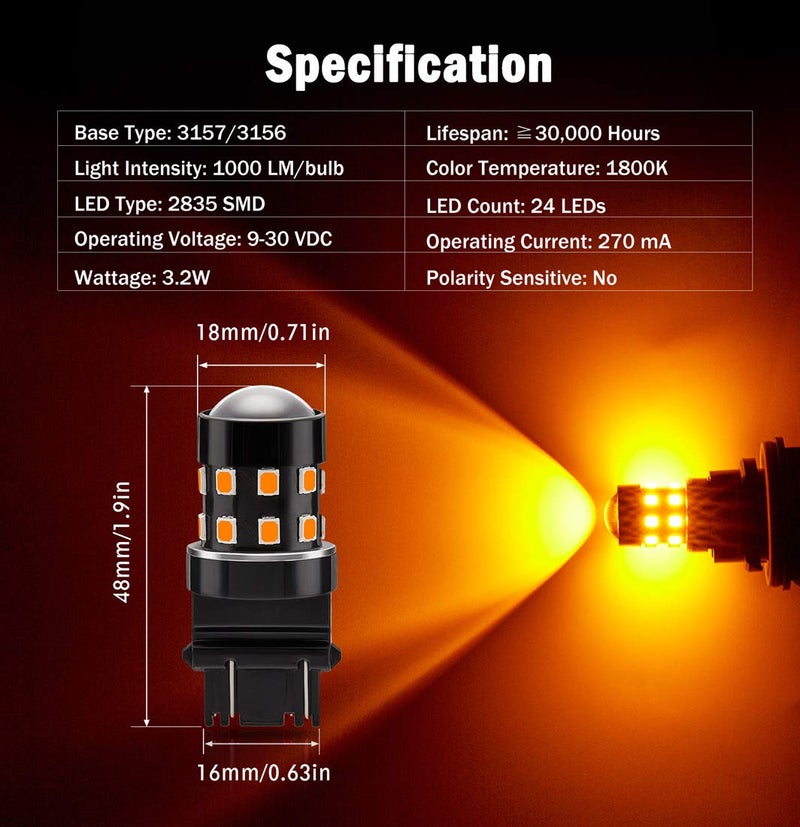 BRISHINE Super Bright 3157 3156 3056 3057 4157 3047 4057 3457 T25 LED Bulbs Amber Yellow 9-30V Non-Polarity 24-SMD LED Chipsets with Projector for Turns Signal Lights, Side Marker Lights(Pack of 2) - Image 2